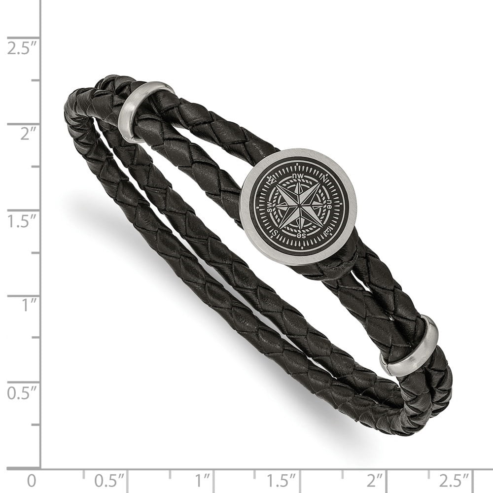 Diamond2Deal Stainless Steel Brushed Laser Design Compass Black Woven Leather Bracelet for Men 8.5"