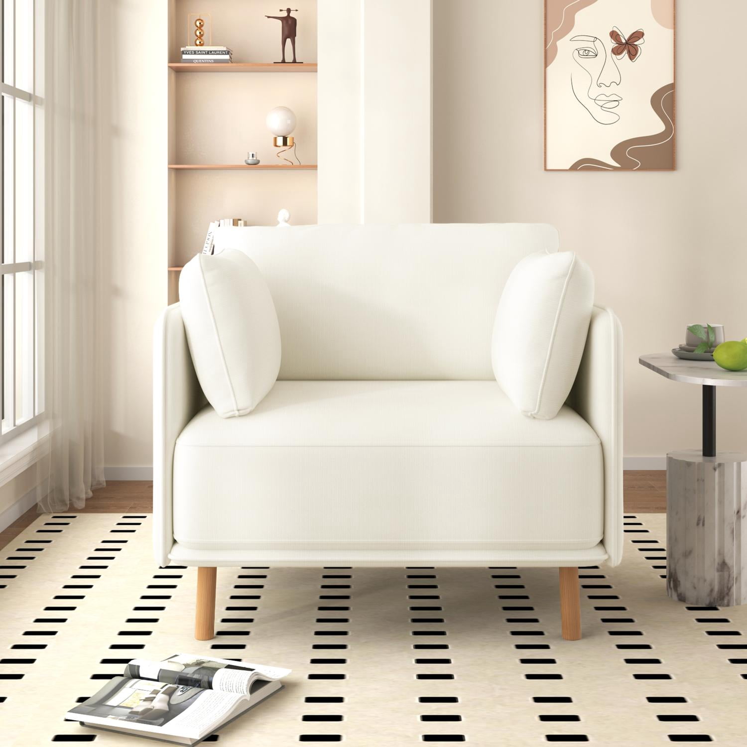 Modern Upholstered Accent Chair with 2 Pillow,Solid Wood Arm Reading Lounge Lazy Sofa for Living Room Bedroom,Guest Room,White