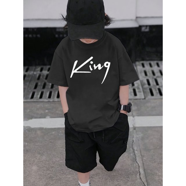 Boys' Summer Casual King Print Crew Neck T-Shirt, Cotton, Geometric Pattern, Slight Stretch, Knit Fabric, Loose Fit, with Applique, for Children 12 and Under