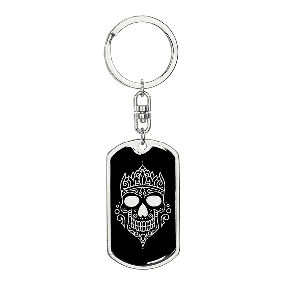 Calavera Mexican Sugar Skull 83 Stainless Steel or 18k Gold Premium Swivel Dog Tag Keychain