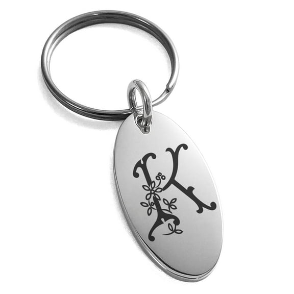 Tioneer Stainless Steel Letter K Initial Floral Monogram Engraved Small Oval Charm Keychain Keyring
