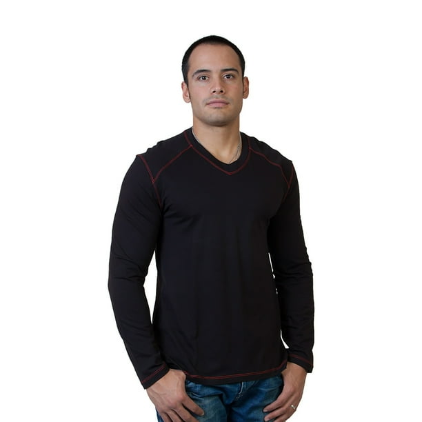 T-Shirt Steven Craig à Manches Longues et Col V pour Homme avec Bordure Noire et Rouge Moyen