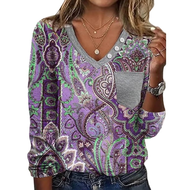 Camiseta de mujer con cuello en V, camiseta étnica, blusa tipo túnica de moda, jersey de mujer, Tops sueltos de manga larga