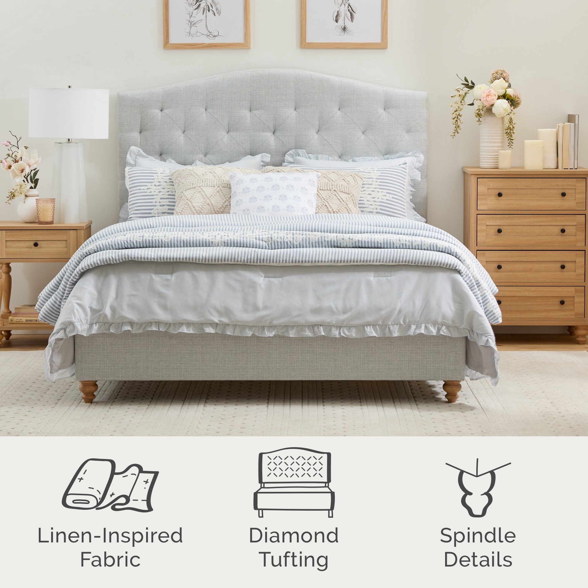 My Texas House Anna Diamond Tufted Upholstered Platform Bed, Twin, Gray
