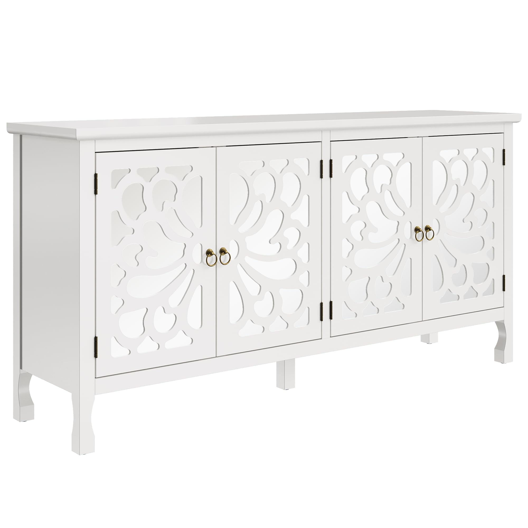 CozyHome 63" Carved Buffet Cabinet with Mirrored Door, Modern Console Cabinet with Storage and Adjustable Shelves, Wood Media Cabinet for Entryway, Living Room, Bedroom, Dining Room, Bathroom (White)