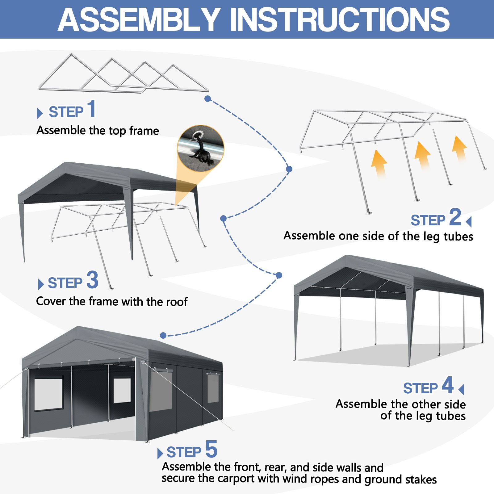 10x20FT Grey Carport Canopy - Heavy-Duty Steel Frame & UV-Resistant PE Cover for Driveways, Gardens, Outdoor Events, Vehicle Protection