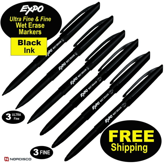 EXPO Wet Erase Markers, 3 Fine 2211316 & 3 Ultra Fine 16001A, Black Ink, FREE Shipping