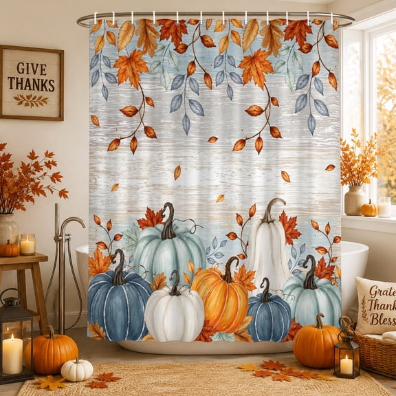 Teal Orange Pumpkins Fall Shower Curtains for Bathroom, Thanksgiving Blue Grey Wood Waterproof Fabric Shower Curtain, Decorative Bathroom Curtain for Bathtub, 72"x72", No Hooks Included