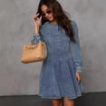 thumbnail image 4 of Vestido vaquero elegante para mujer, moda de otoño, cintura alta, cuello redondo, manga larga, plisado, corte en A, informal, ajustado, vestidos de fiesta 2024, 4 of 4
