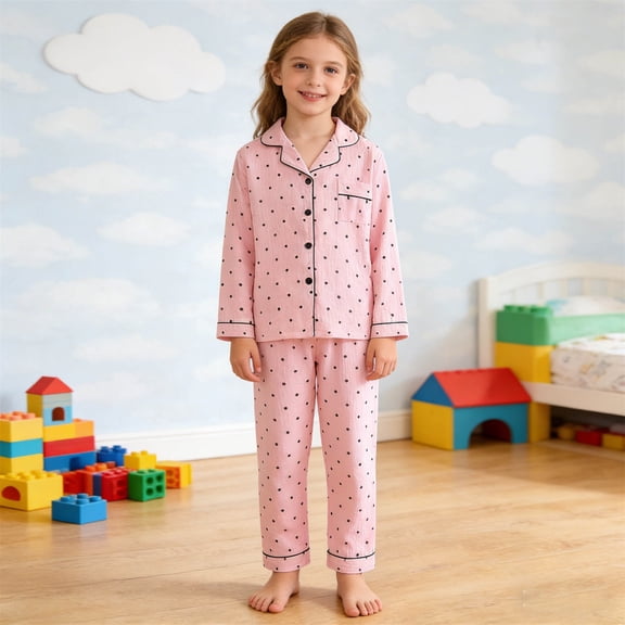YMNXA Kids Girls Outfits 2 Piece Long Sleeve Lapel Polka Dot Print Top And Pants Comfortable Fashion Sleepwear Sets For Casual Daily Wear,Pink,3-4 Years