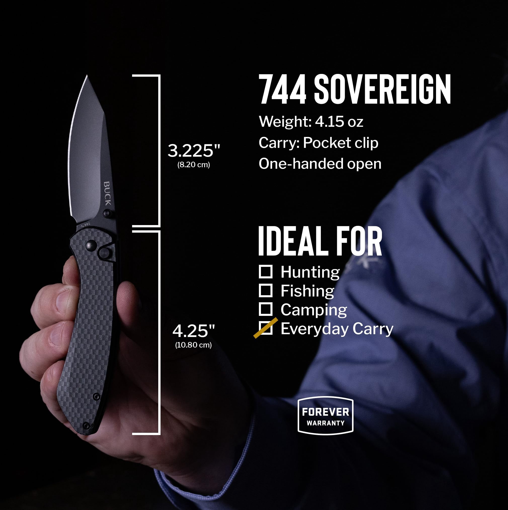 Buck Knives 744 Sovereign Folding EDC Knife, 3.225” Pocket Knife Blade, Carbon Fiber, 4.25 oz