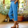thumbnail image 3 of Bloomae Womens Summer Linen Capris Pants Causal Drawstring Elastic Waist Soft Cotton Pants Lightweight Loose Comfy Rolled-up Trim Cropped Trousers with Pockets Blue XL, 3 of 7