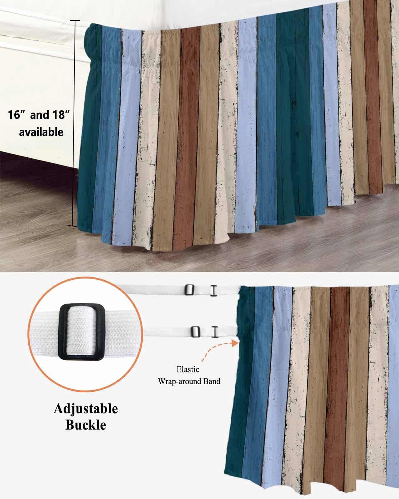 Brown Deep Blue Ruffle Bed Skirt California King Size Modern Vintage Wood Texture Rectangle Adjustable Elastic Dust Bed Skirts Wrap Around Bedskirt Wrinkle Free Easy Fit with 16 Inch Drop