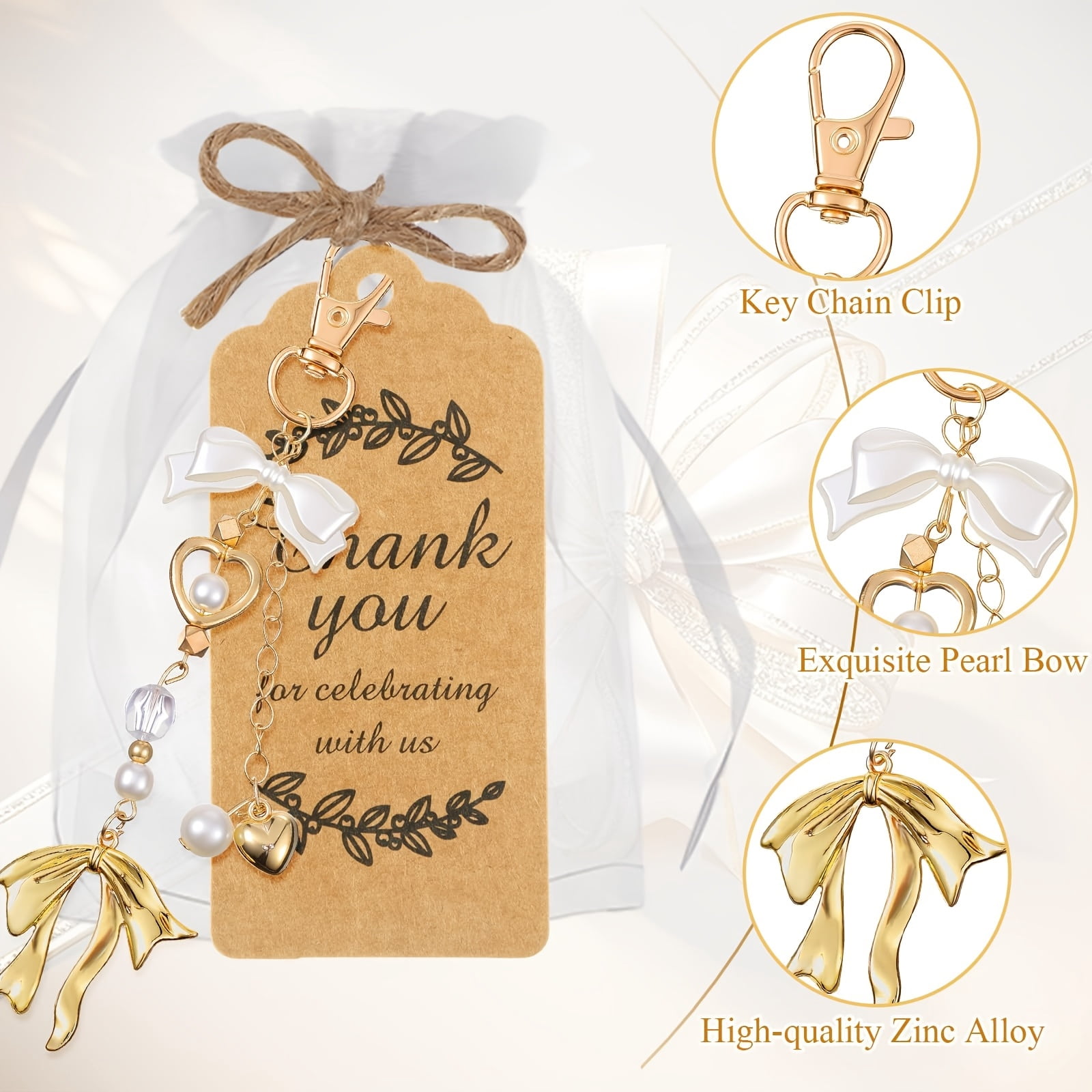 36 Pcs 12 Sets Pearl Bow Keychain Gift Set, Elegant Bow Pendant Keychains with Thank You Cards and Organza Bags for Wedding Bridal Shower Baptism Celebration Party Favors