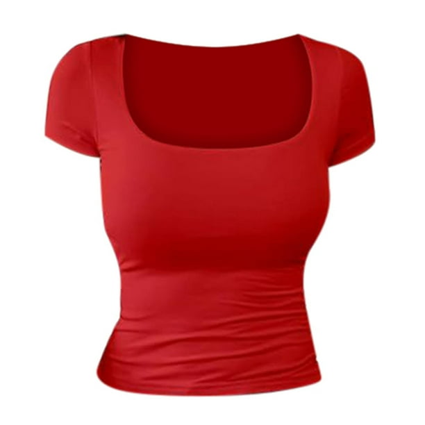 Camiseta de manga corta con cuello en U ajustada para mujer: top informal de color liso, material suave y transpirable, tallas S/M/L/XL/XXL.