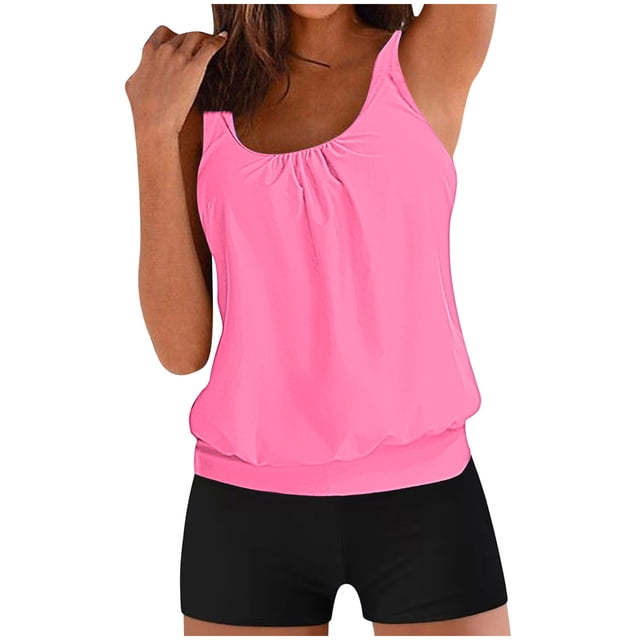 Bocqde Womens Plus Size Two Piece Tankini Swimsuits Fashion Solid Color Chest Pleated Bathing Suits Tops With Boy Shorts Summer Tankini Bathing Suits for Women