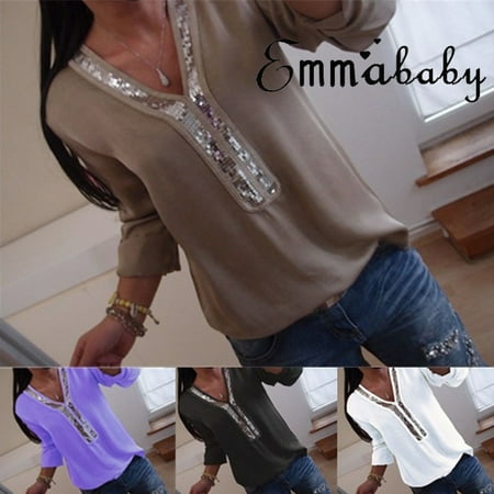 Fashion Womens Clubwear Sequin V Neck Long Sleeve Tops Ladies Casual T-Shirt Blouse Plus Size Tops