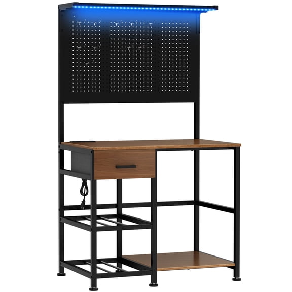 3D Printer Stand With Filament Storage Station, Large Printer Workbench With Drawer, Charging Station, LED Lights & Pegboard Hooks