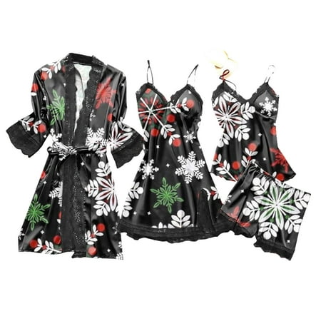 

Women s Lingerie Sets 4PCS Silk Satin Pajama Set Cami Top Nightgown Lace Sleepwear Robe Babydoll Nightdress Shorts Sets
