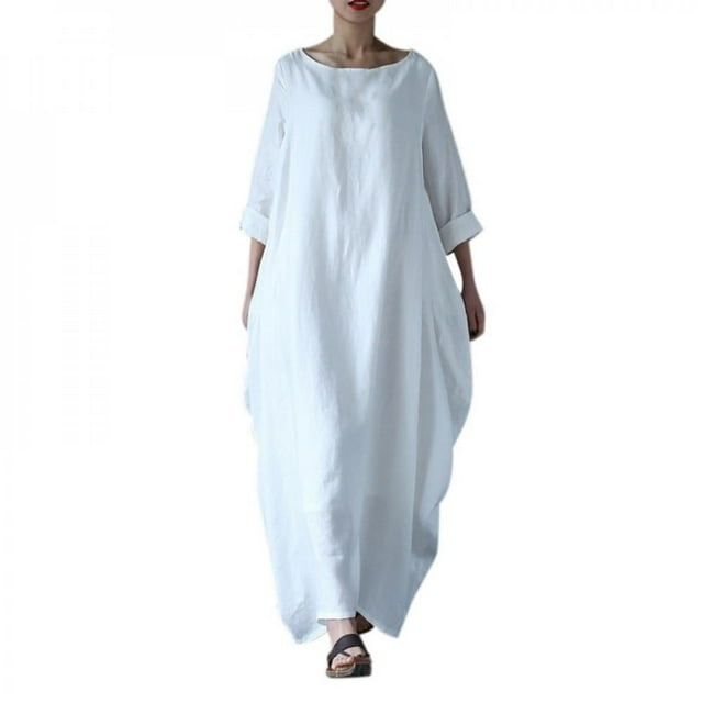 Robes Amples pour Femmes Grande Taille Manches Mi-Longues Col Rond Longueur Cheville Vestido Femme Mode Automne Décontracté Plage Fête Robe Blanc TG