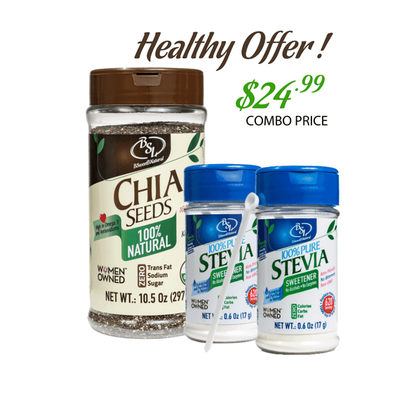 Organic Chia Seeds &  Stevia Leaf Extract Powder, Whole Seeds, Promo Pack (2 × 0.6 oz Stevia   10.5 oz Chia )