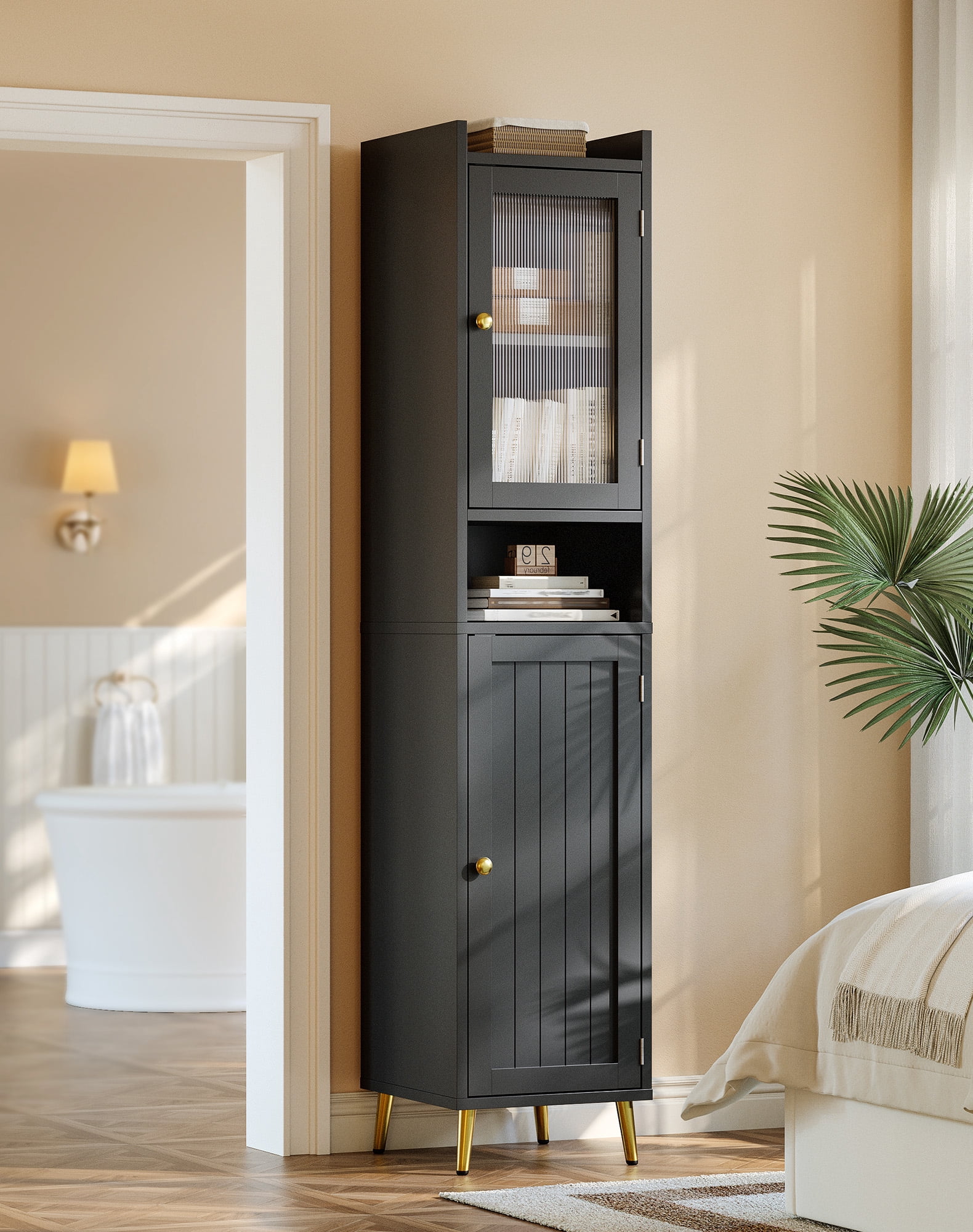 EnHomee 69" Tall Bathroom Storage Cabinet,Narrow Linen Cabinet with 2 Door and Adjustable Shelves​,Black