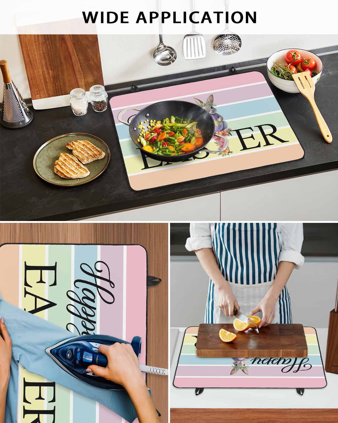 Large Induction Cooktop Protector Mat Easter Stove Top Covers for Electric Stove, Spring Rabbit Colorful Eggs Flowers Striped Decorative Stove Burner Cover Mats, Glass Top Stove Cover