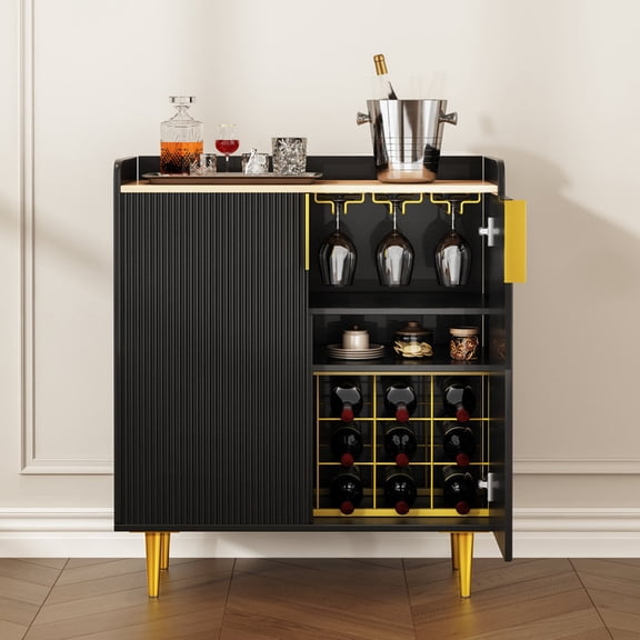 31.5" Black-Gold Fluted Bar Cabinet, Wine Rack & Glass Holder, Modern Sideboard with Drawer & Shelves for Living/Dining Room