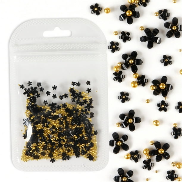 Fiudx Calcomanía de Flores para Decoración de Uñas, Perlas de Estrás Glamurosas, Cuentas de Caviar Doradas, Suministros para Decoración de Uñas