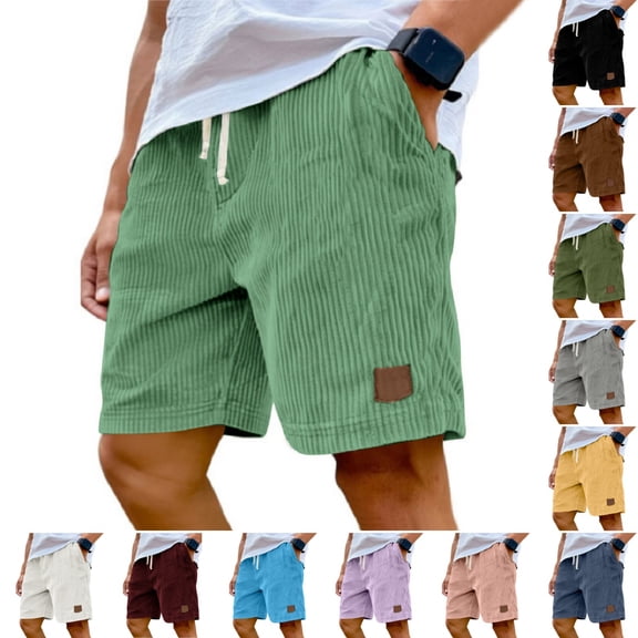 Men's Corduroy Shorts Casual Elastic Waist Drawstring Beach Shorts Summer Lightweight Loose fit Shorts with pockets Light Green 2XL