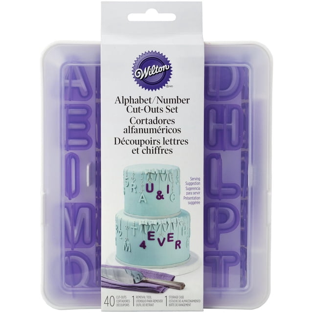 Wilton Letter and Number Fondant Cutters Set in purple plastic, housed in a clear storage case with 40 cut-outs including letters, numbers, and punctuation marks, ideal for cake decorating and pastry tools to create precise fondant shapes and personalize baked goods.
