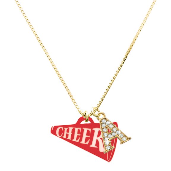 Delight Jewelry Acrylic Large Red Cheer Megaphone - Large Goldtone Crystal Initial - A - Charm Necklace, 17.5" 2"