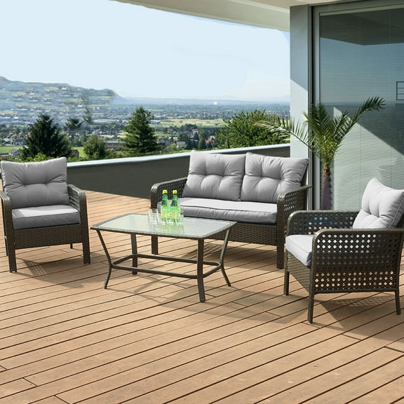 Eclife 4 Pieces Patio Conversation Set Outdoor Furniture PE Rattan Wicker Loveseat Chairs Set Metal Frame with Large Tempered Glass Table and Removable Cushion for Backyard Yard, Garden Balcony eclife
