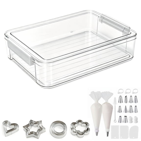 Pethiy Baking Tool Set with Storage Box, 40-Piece Piping Tips & 12 Cookie Molds Kit, Dustproof Plastic Container for Cake Decorating Supplies, Bakery Organizer with Lid