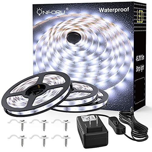 Onforu 49.2ft Waterproof LED Strip Lights, 6000K Cool White IP65 Tape Light, 15M 12V Flexible Ribbon Lights, 2835 LEDs Rope Light for Garden, Patio, Balcony, Party, Wedding, Indoor and Outdoor Decor