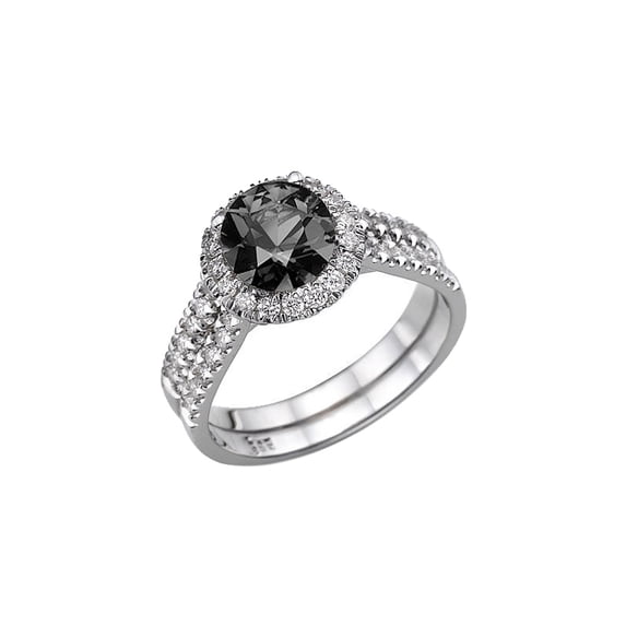 14K White Gold 1.50 CTW Black Diamond Ring with Diamonds Halo Double Shank Natural