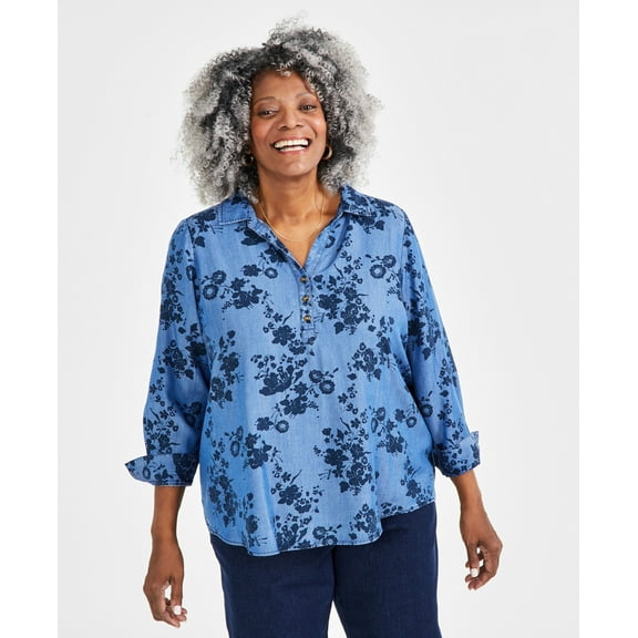 Plus Size Perfect Popover Printed Top Floral Charcoal 1X