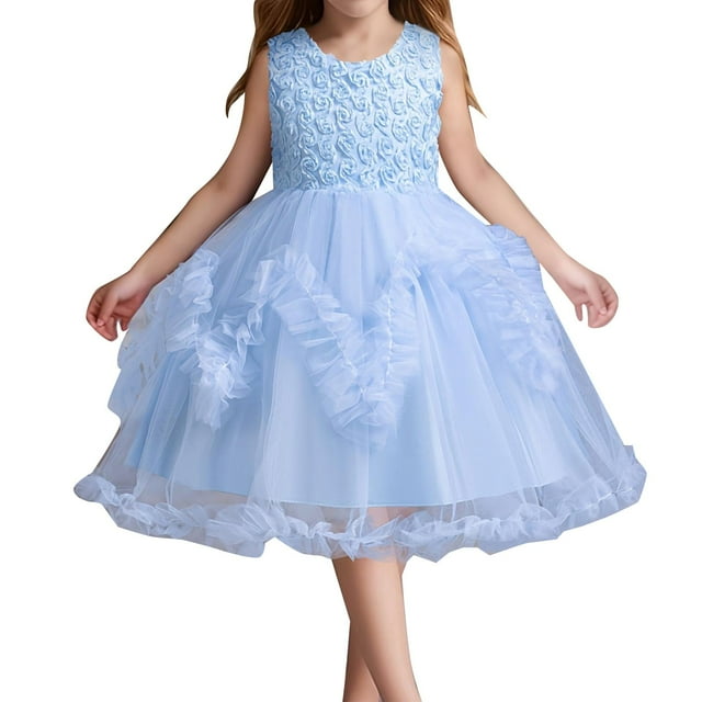 XDZJLR Toddler Girls Dresses Children'S Solid Color Irregular Mesh Lace Knee Length Wedding Puffy Princess Clothing