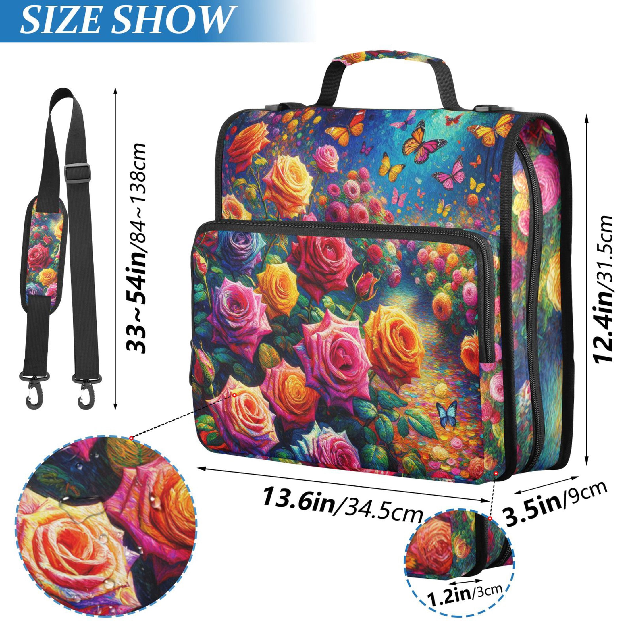 3 Ring Zipper Binder with Shoulder Strap Waterproof Trapper Keeper 2 Inch D-Ring 500 Sheets Capacity Rainbow Rose and Butterflies