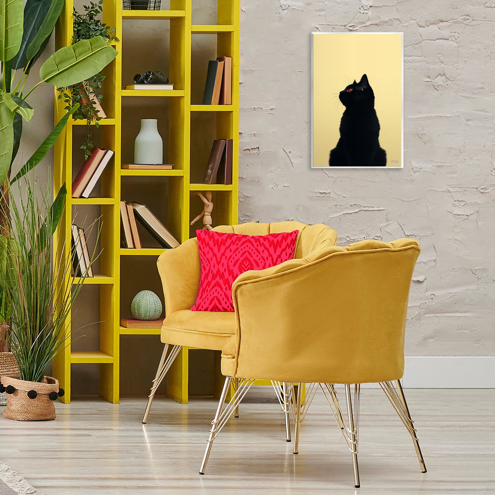 Stupell Industries Black Cat on Yellow Animals & Insects Painting Unframed Art Print Wall Art, 13 x 19