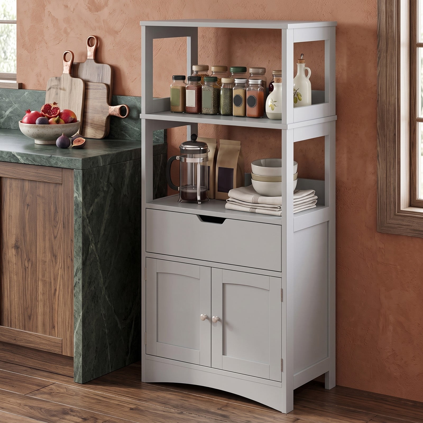 Fenbeli Bathroom Storage Cabinet, Freestanding Floor Cabinet with 3 Open Shelves, Pull-Out Drawer & 2 Doors, Anti-Toppling Wooden Organizer for Bathroom Kitchen, Gray