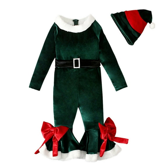 HNMKIU Kids Christmas Jumpsuit Toddler Kids Baby Girls Christmas Long Sleeve Romper Flare Jumpsuit Hat Set Christmas Outfit Green - 4-5 Years