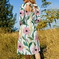 thumbnail image 5 of Pink Flowers White Background Floral Design Women's 3/4 Sleeve Dresses Elegant A-Line Midi Dress Flare Summer Casual Sundress, 5 of 9