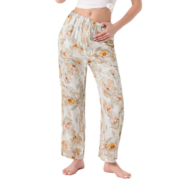 Pantalones de lounge para mujeres INSPIRE CHIC con patrón de flores y puntos, pantalones de pierna ancha, cintura elástica con bolsillo, pijama de noche XL floral