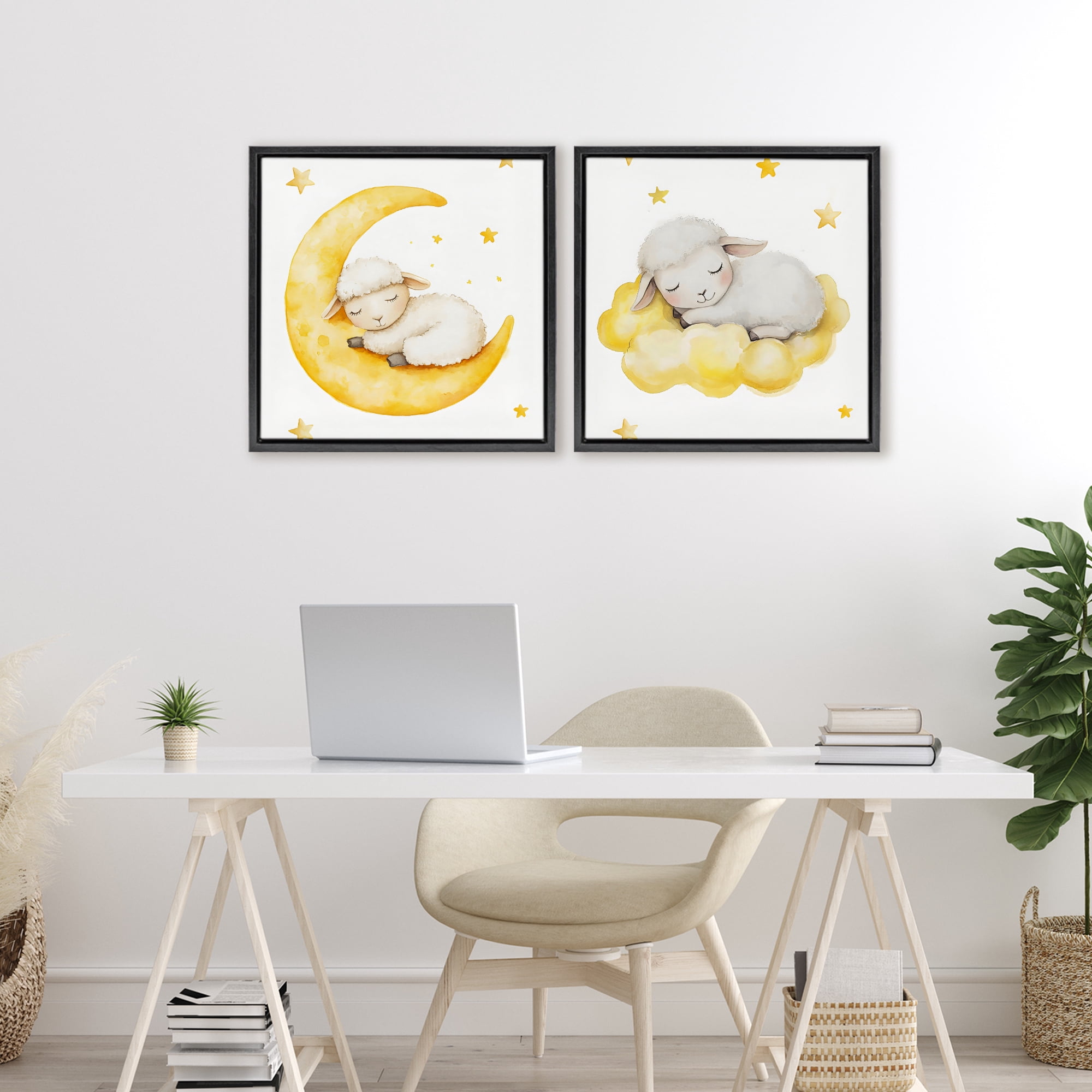 Stupell Industries Sleeping Sheep Cloud and Moon 2 Piece Black Framed Floater Canvas Set, design by LSR Design Studio