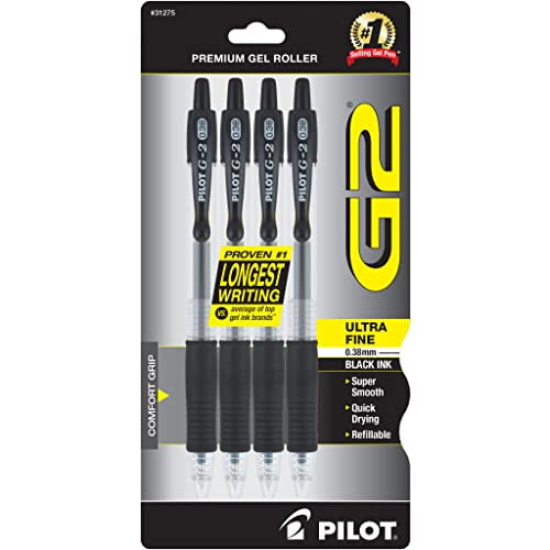 Pilot G2 Retractable Premium Gel Ink Roller Ball Pens, Ultra Fine Point, 4-Pack, Black Ink -31275