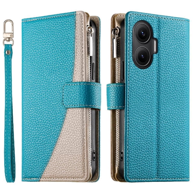 Funda cartera GANGXUN para Xiaomi POCO F7 5G , cuero PU con tarjetero, cremallera, correa de mano, soporte y protección 492°