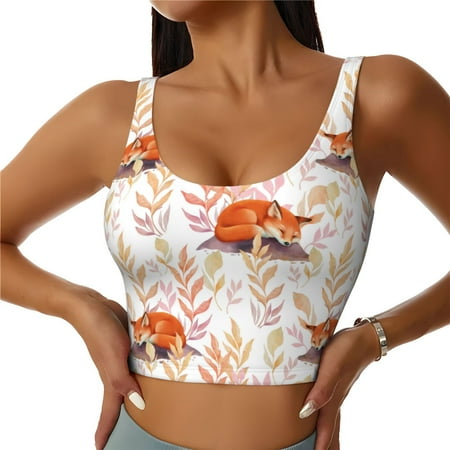 Adobk Cute Sleepy Fox Print Sports Bras for Women Longline Workout Crop Tank Tops Padded with Built in Shelf Padded Sports Bra-XX-Large
