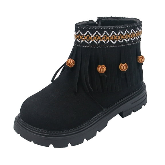 Kids Girls Vintage Beaded Tassel Ankle Boots Slip On Suede Winter Boots Toddler Non Slip Wide Width Dress BootsBlack Size 2 Big Kids