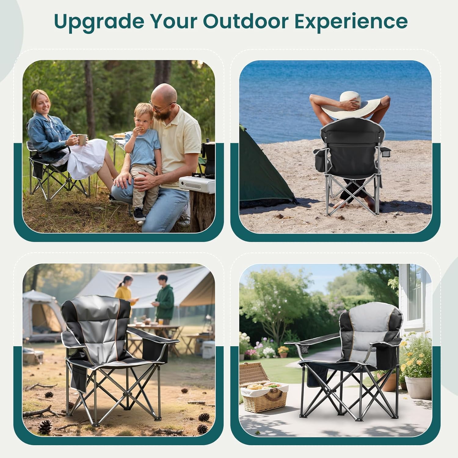 Oversized Camping Chair, Folding Chairs with Padded Back and Armrest, Steel Frame with Cooler Bag, Storage Netting Cup Holder, Black